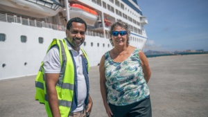 Left to right: TPA’s Planning & Project Officer, Murray Vuriambu with PNG-born Australian Tourist, Michele Morrison, prior to the ship’s departure from Port Moresby.